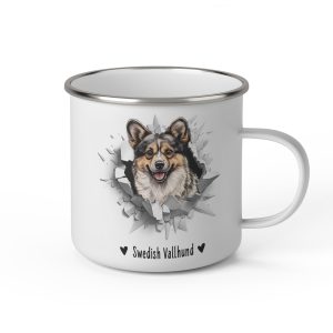 Vit emaljmugg med illustration av ett hundhuvud som "tittar ut genom" ett illustrerat hål. Hunden är av rasen Swedish Vallhund