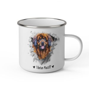 Vit emaljmugg med illustration av ett hundhuvud som "tittar ut genom" ett illustrerat hål. Hunden är av rasen Tibetan Mastiff