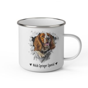 Vit emaljmugg med illustration av ett hundhuvud som "tittar ut genom" ett illustrerat hål. Hunden är av rasen Welsh Springer Spaniel