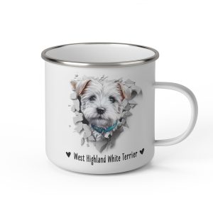 Vit emaljmugg med illustration av ett hundhuvud som "tittar ut genom" ett illustrerat hål. Hunden är av rasen West Highland White Terrier