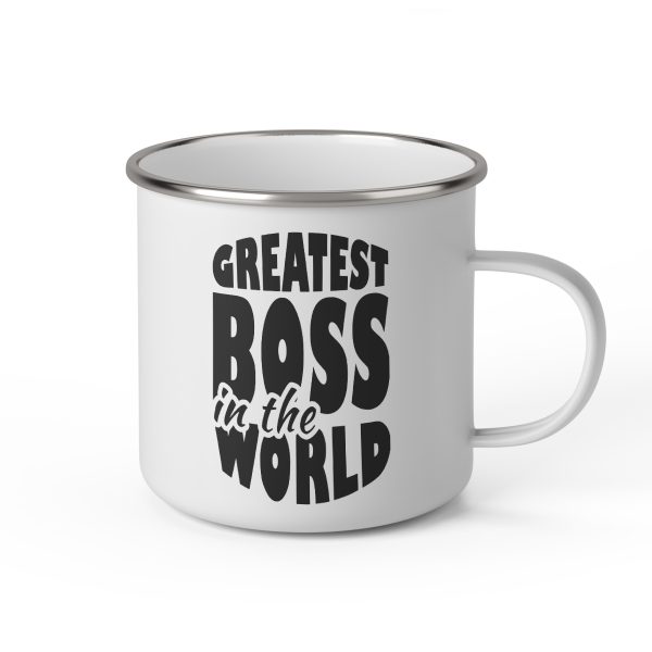 Vit emaljmugg med engelsk svart text: "greatest boss in the world"