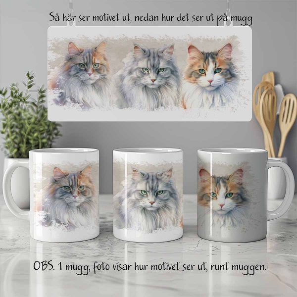 Vit keramikmugg med illustration av katter av rasen Australian mist longhair cat