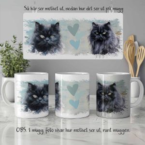 Foto av vit keramikmugg med illustration av katter av rasen Black persian cat