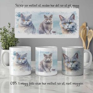 Foto av vit keramikmugg med illustration av katter av rasen British shorthair cat