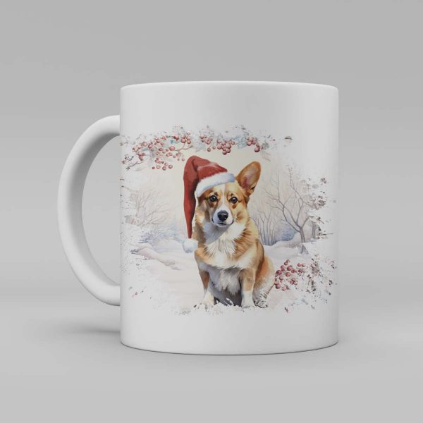 Vit keramikmugg med illustration av en hund med en tomteluva. Hunden är av rasen Corgi