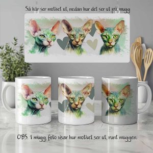 Foto av vit keramikmugg med illustration av katter av rasen Don sphynx green-eyed cat