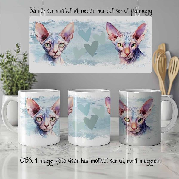 Foto av vit keramikmugg med illustration av katter av rasen Don sphynx odd-eyed cat