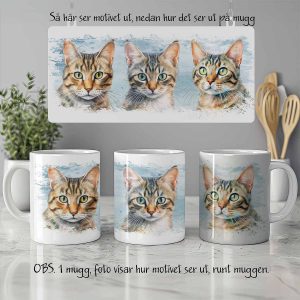 Vit keramikmugg med illustration av katter av rasen Pixie-bob cat