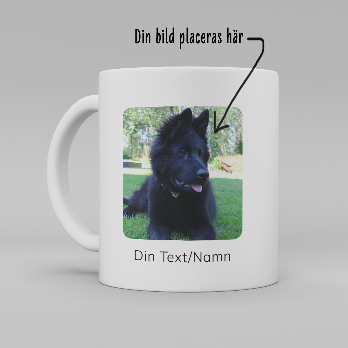 foto av en vit keramikmugg med ett foto av en svart hund. Fotot är kvadratiskt. Under "foto"står text "Egen text/namn" på muggen. Ovanför "muggen" står texten: "Din bild placeras här" och en pil som pekar till fotot på muggen.