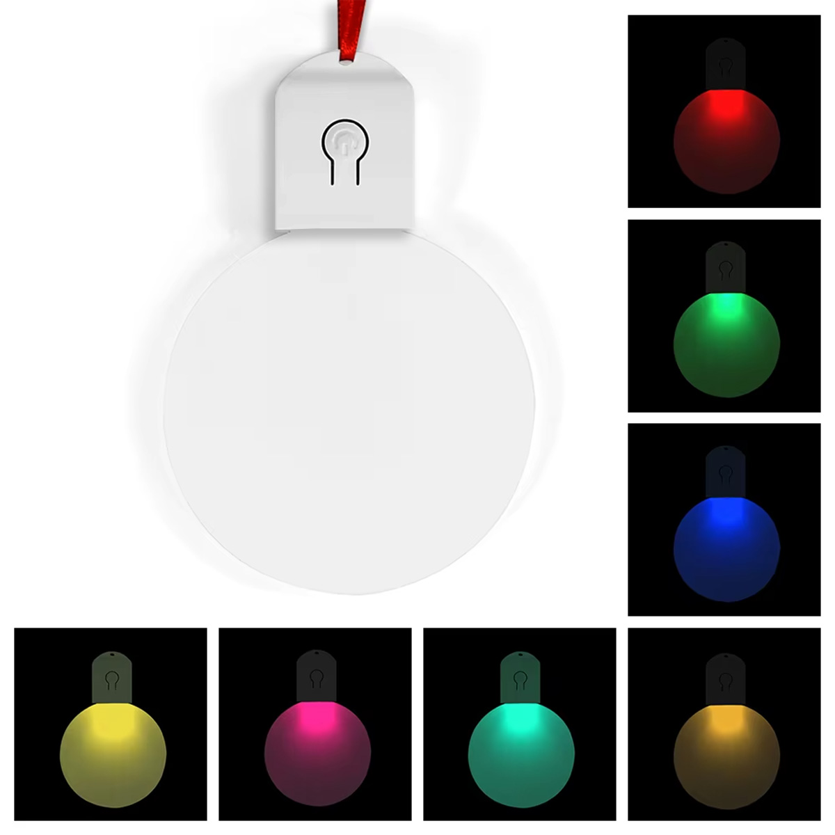 produktbild på en rund LED-julkula i akryl. Julkulan lyser i olika färger och har ett band för upphängning.