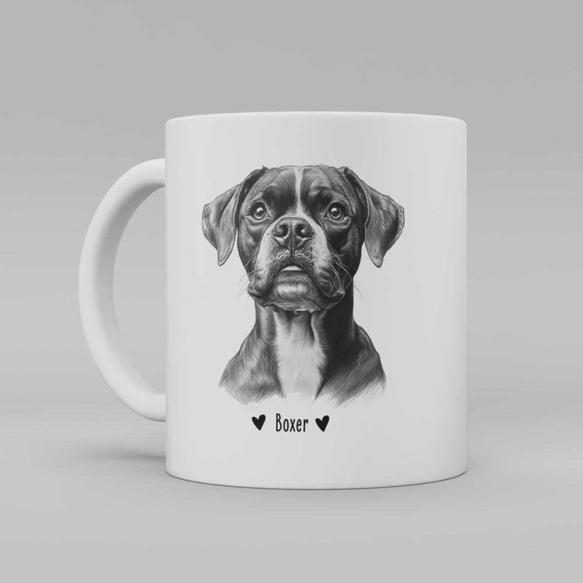 Produktfoto av en vit keramikmugg med illustration av en hund, tecknad i svartvittUnder hund står texten "Boxer".
