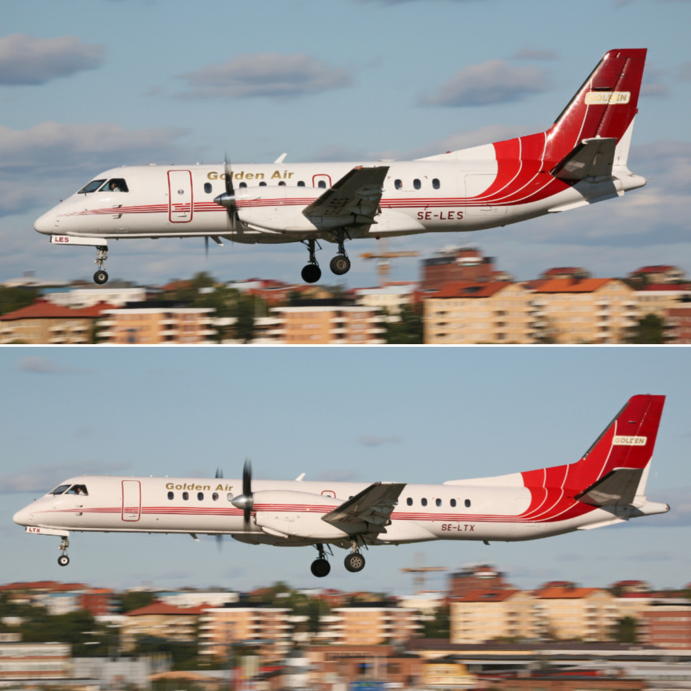 En jämförande studie mellan Saab 340 och 2000 fångade under landning på Bromma flygplats den 10 september 2006. Foto: Gunnar Åkerberg