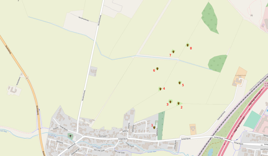 Kort over Solrød med de otte gravhøje