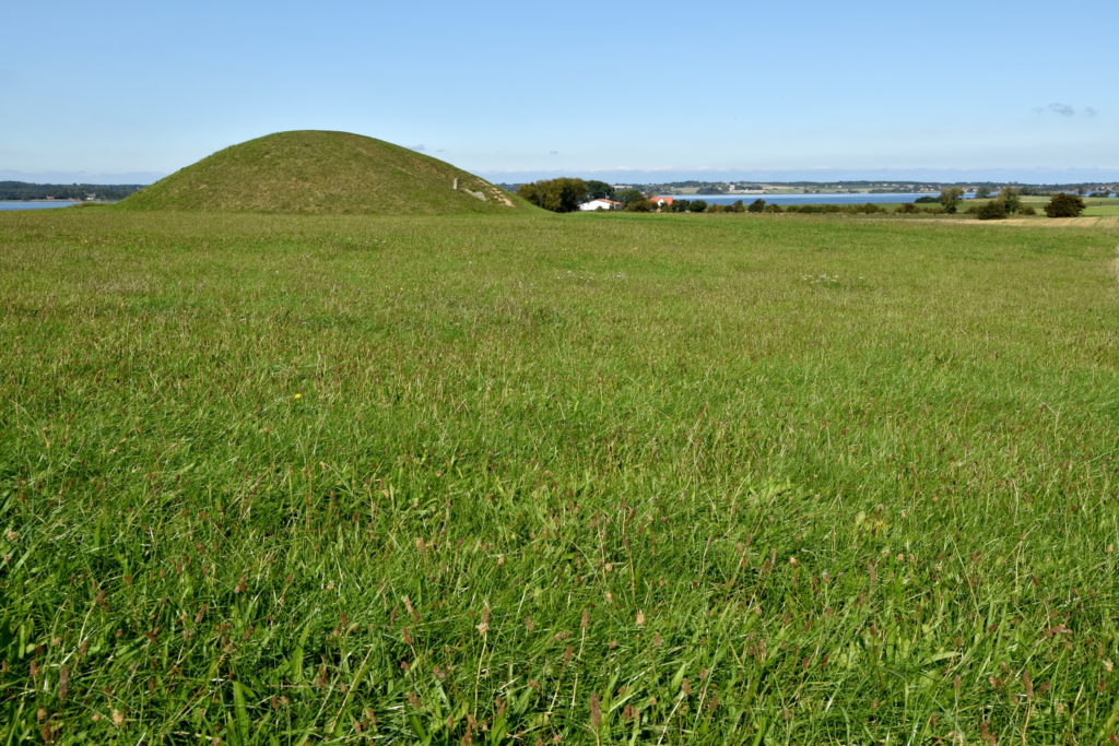 Gravhøj på græsmark. I baggrunden ses havet og Sjællands kyst