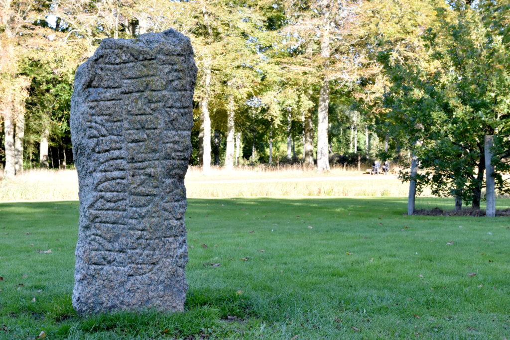 Runesten på græsplæne i park.