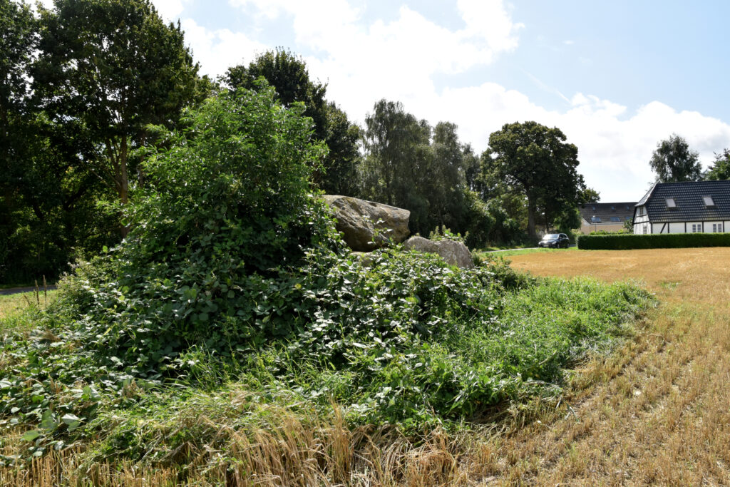 Rundhøj og stendysse foran gård.