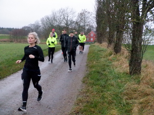 Løbere på en markvej - i baggrunden ses en rød gård