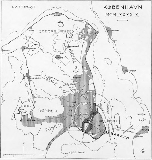 Tegnet kort med et Storkøbenhavn hvor hele Amager er bymæssigt bebygget og hvor der er sammenhængende by fra København til Roskilde og fra København til Helsingør.