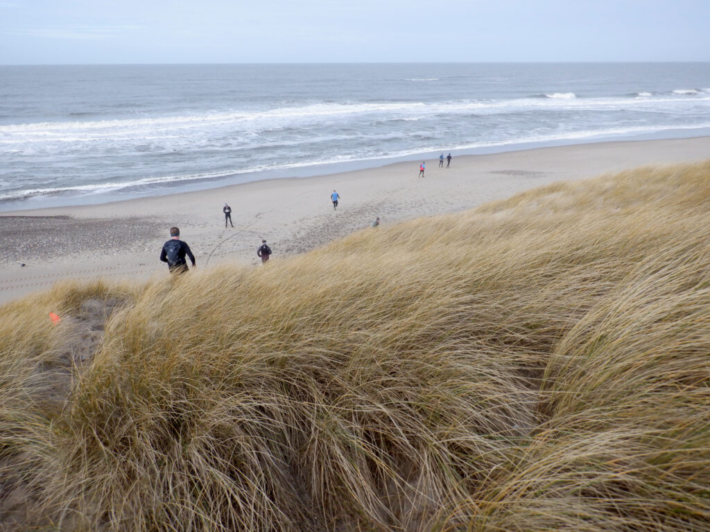 Løbere på vej ned af en klit for at løbe videre på stranden.