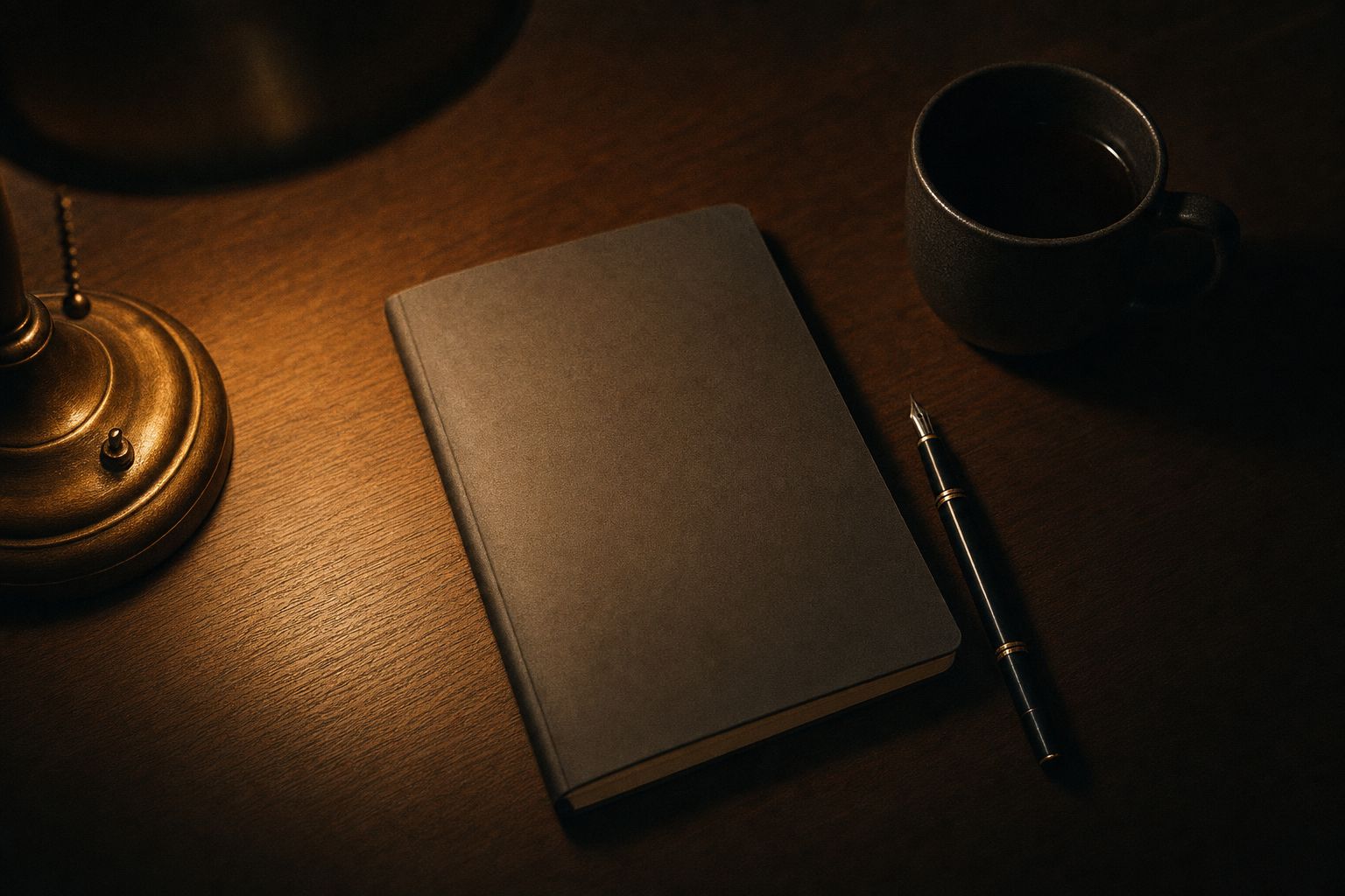 A notebook, pen and coffee cup on a dark desk under a warm lamp