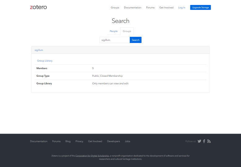 The search page for Zotero groups