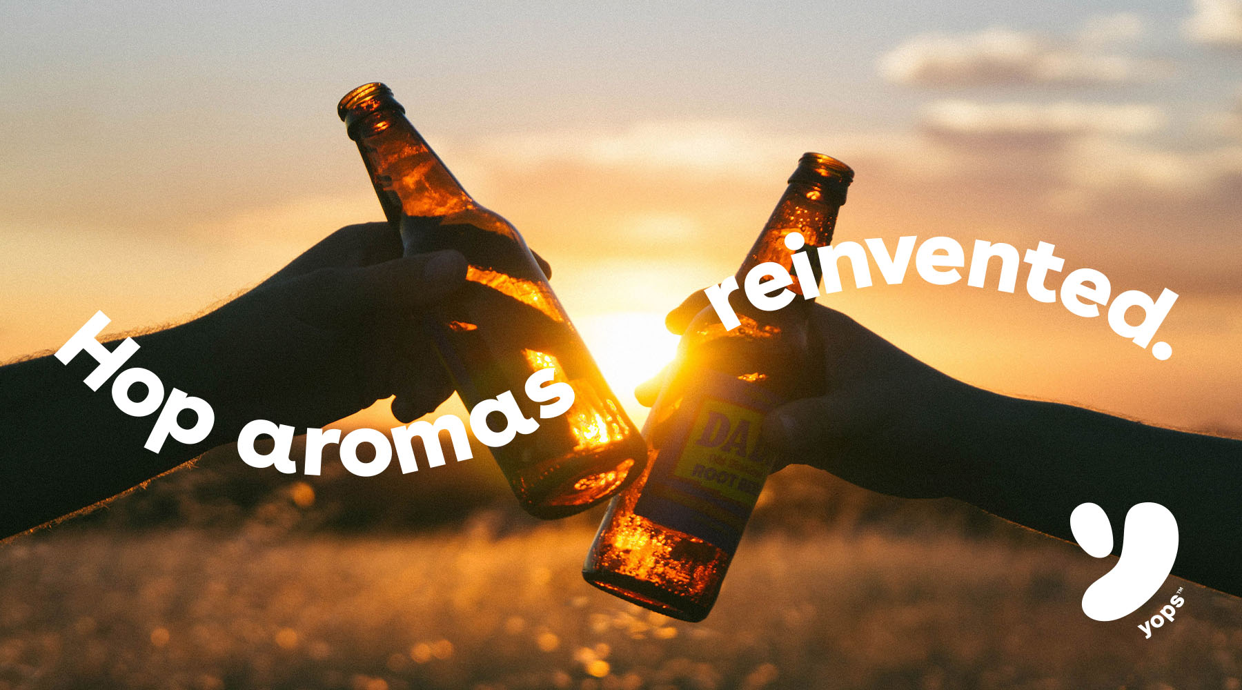 Two hands cheering with beer bottles in front of a sunset and a graphic layout