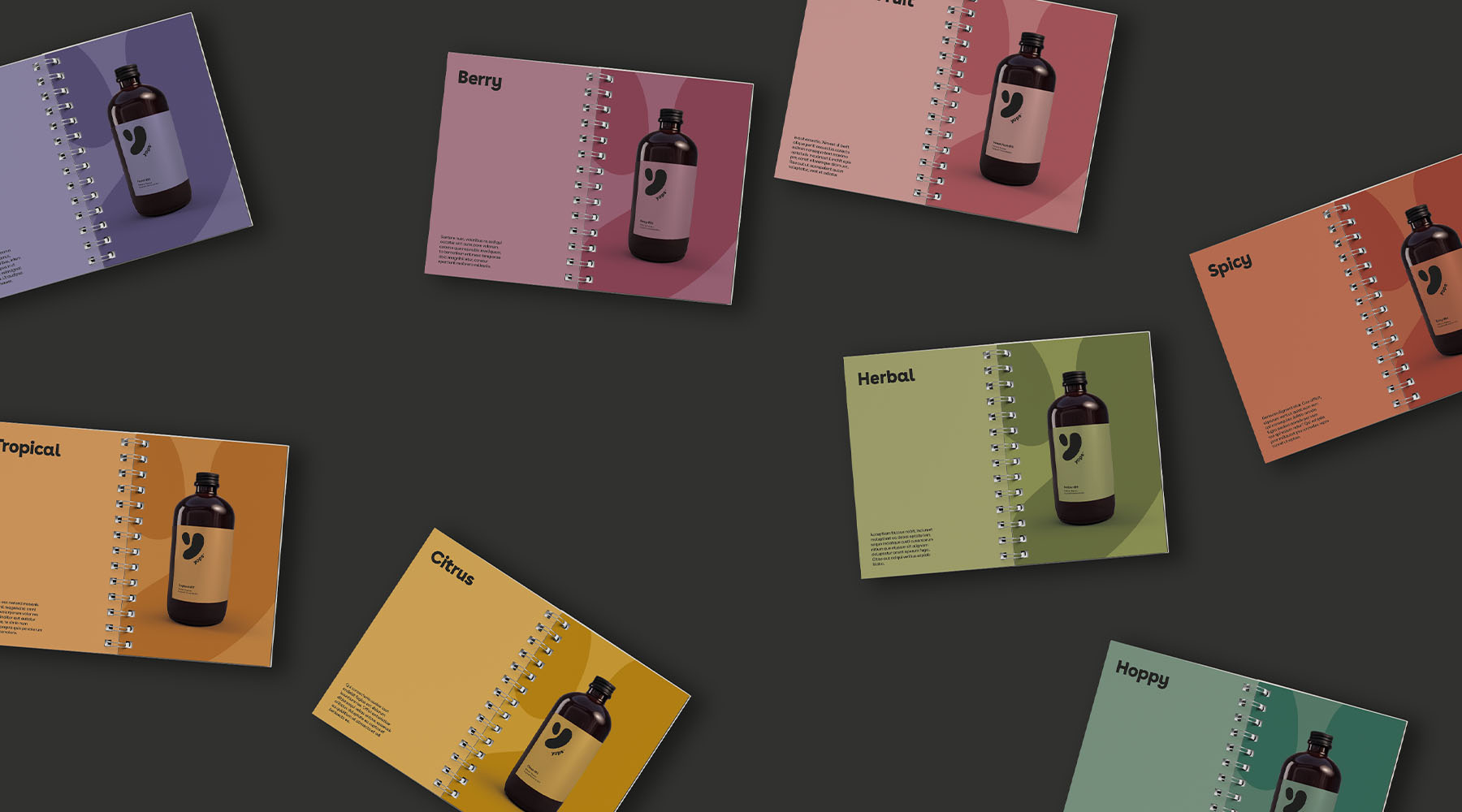 Flavour catalogue layouts in different colors spread out on dark background