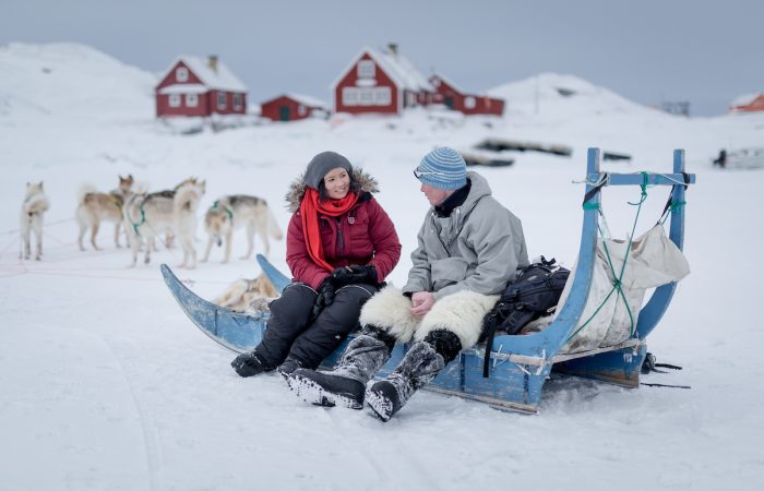 A coffee break in Oqaatsut while on a dog sledding trip in the Ilulissat area in Greenland Uummannaq