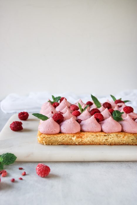 mjuk vaniljkaka med vispad hallonpannacotta