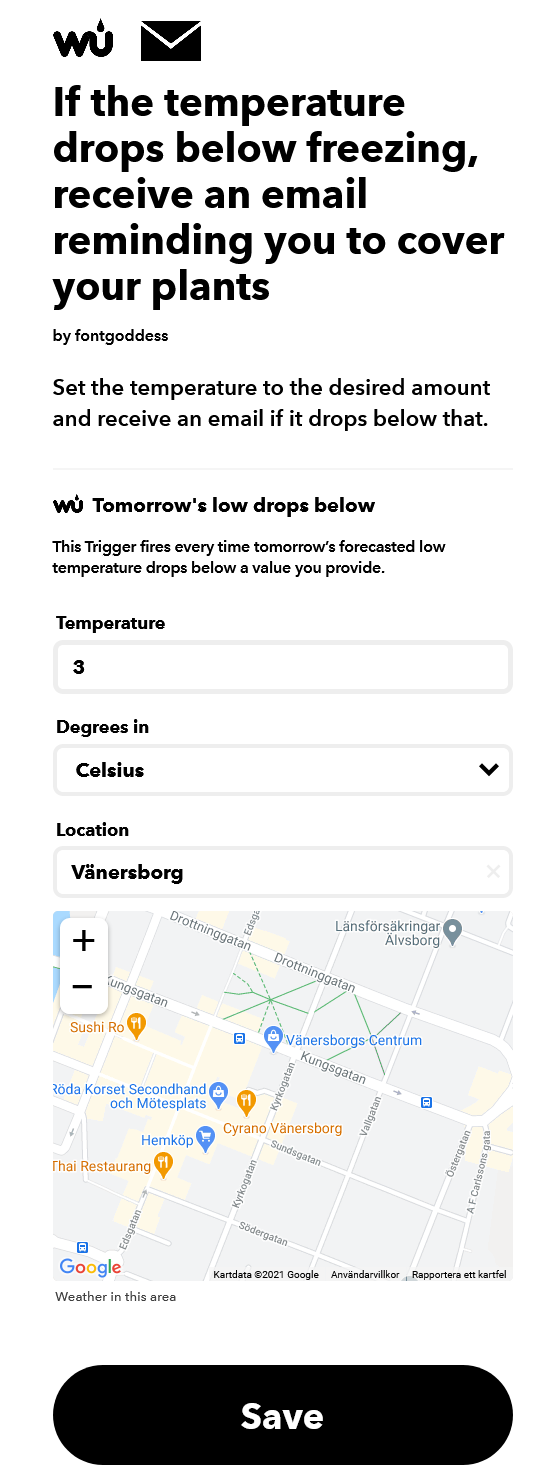 Få ett mejl innan en frostnatt vankas - skärmdump IFTTT - inställningar