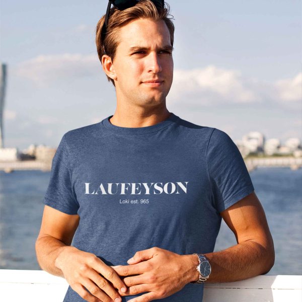Man wearing navy marl Laufeyson t-shirt