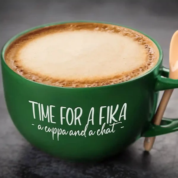 Green coffee cup with Time for a Fika print