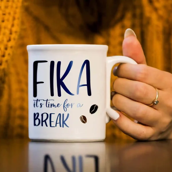 White mug with Fika it's time for a Break print