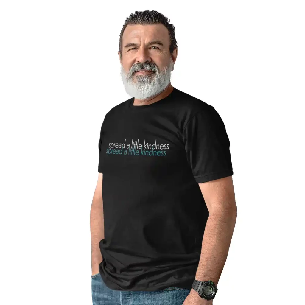 Man wearing a black t-shirt with Spread a little kindness print