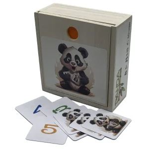 Panda game wooden box with cards layed out. Card game for all ages.