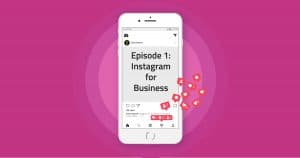 Mobile phone with Instagram for business and like icons, on pink background