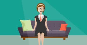 Cartoon lady sat on sofa with call centre headset on