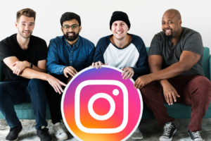 Digital marketing experts hold a large Instagram logo poster