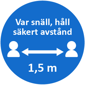 Rund klisterlapp för golv och glasytor som uppmanar sjukhusets gäster och anställda att hålla avstånd.