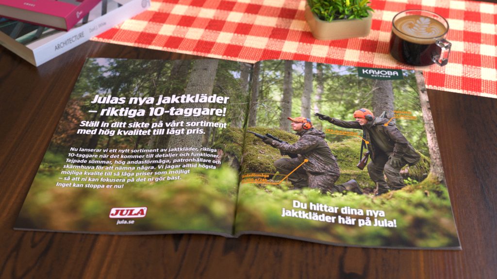 Advertisement spread for Kayoba hunting apparel.