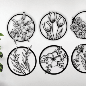 🌸 Sett med 6 veggdekorasjoner – Blomster i tre 🌿✨