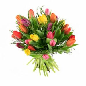 Tulpanbukett med blommor blandade, glada färger. Skicka blomsterbud via Florister i Sverige!
