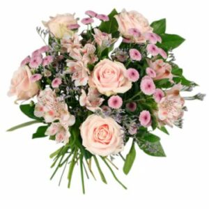 Rundbunden bukett med blandade rosa blommor. Beställ blommorna i Florister i Sveriges e-butik - skicka dem med bud!