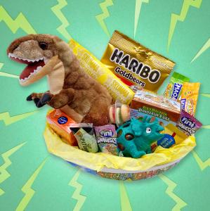 Roligt påskägg med både godis och gosedjur (här en dinosaurie). Beställ påskägget online hos Presenteriet!