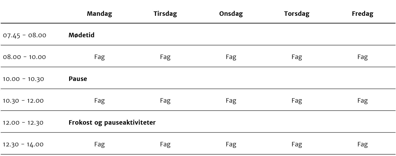 Eksempel på ugeskema med pauser