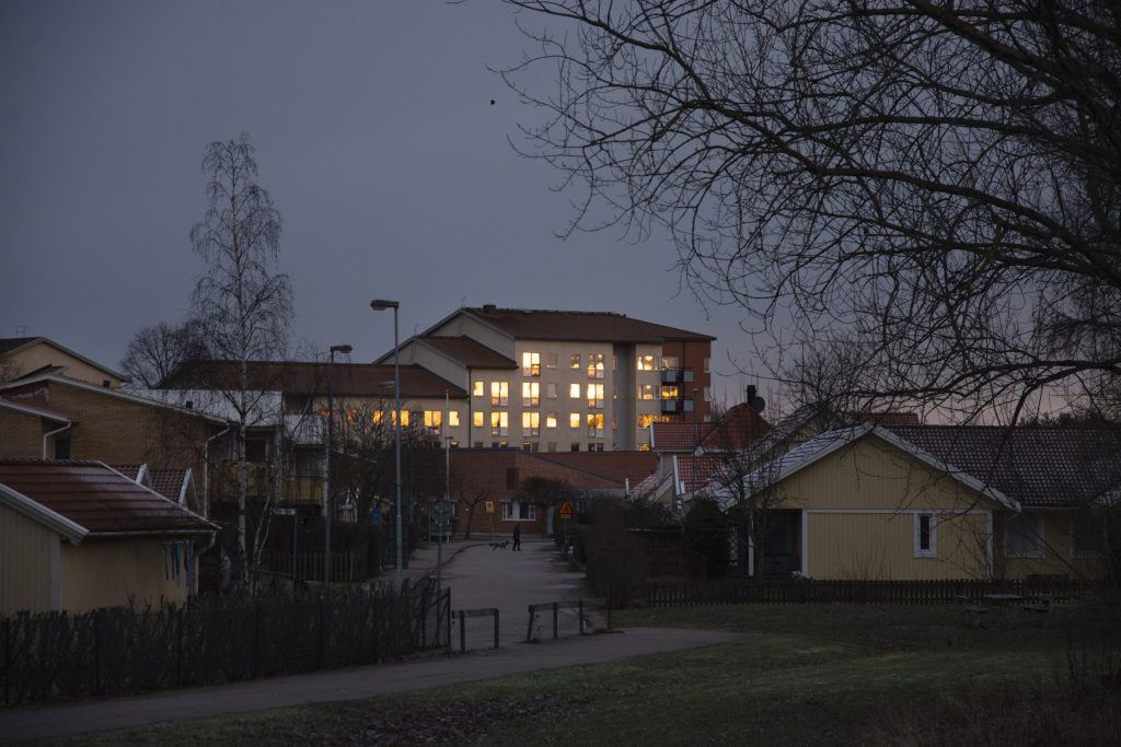 Morgonsol i bostadsområde.