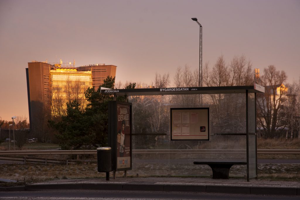 Busshållplats i kvällsljus.
