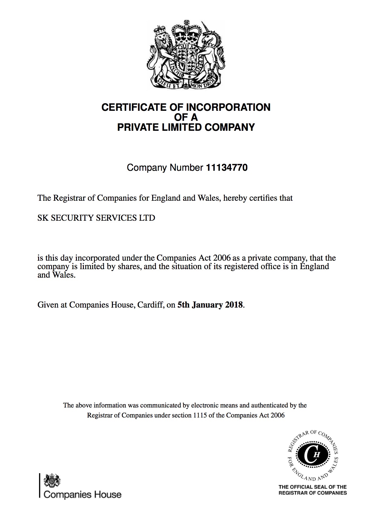 Incorporation certificate