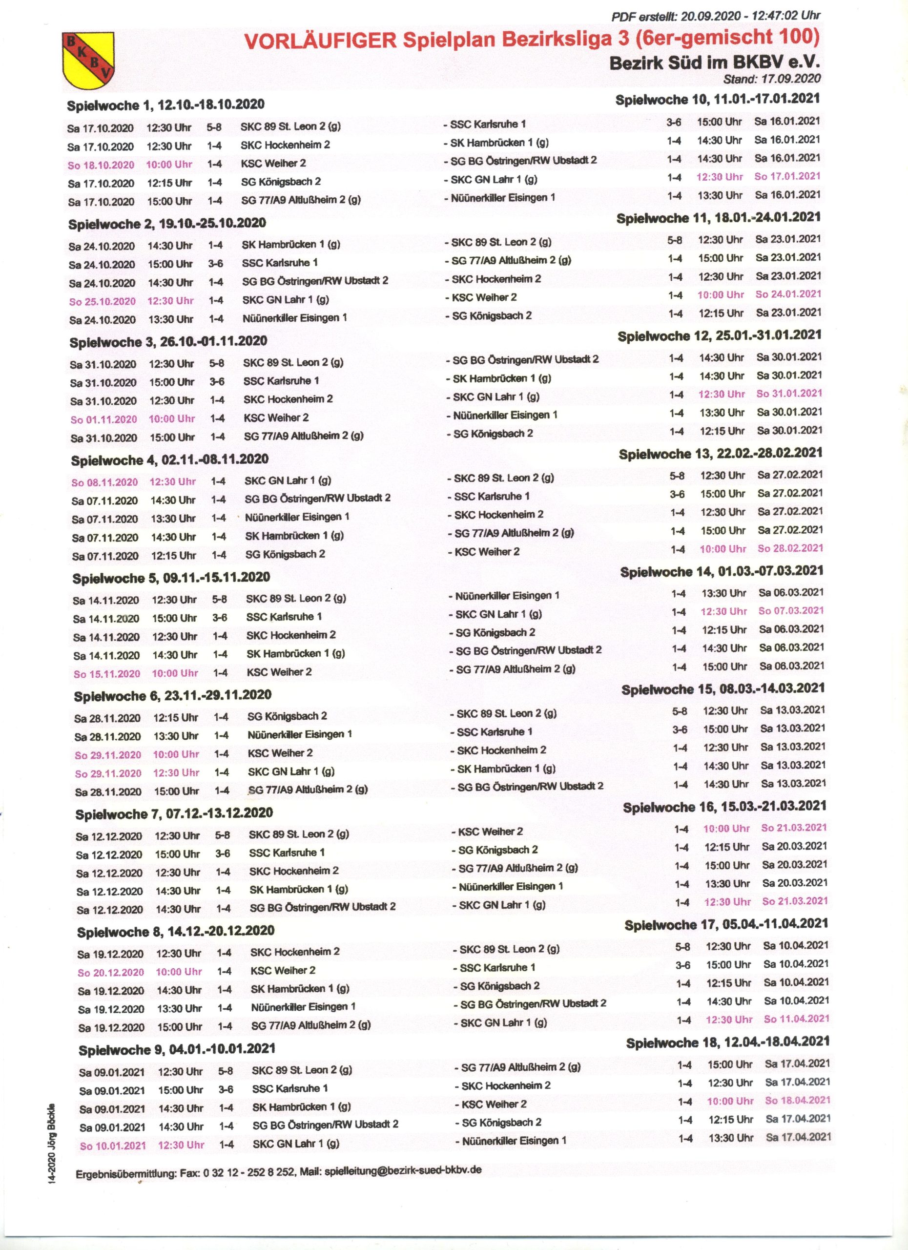 Spielplan der Saison 2020/21