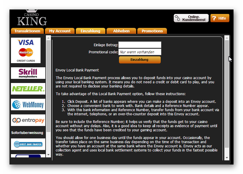 Casino King Ein- und Auszahlungen Screenshot